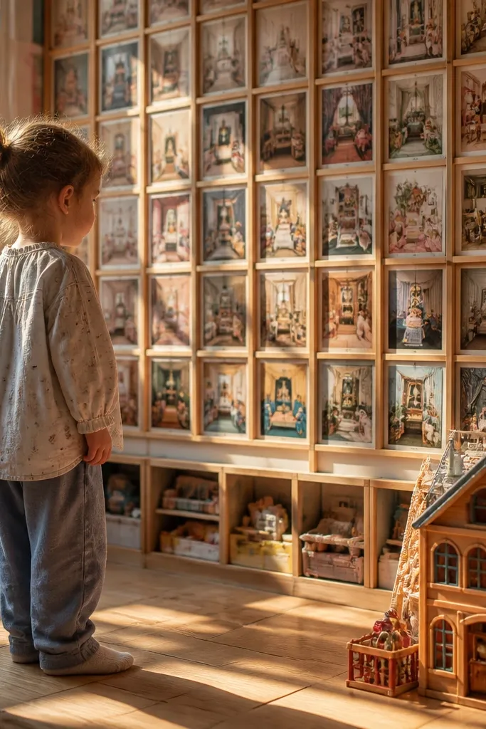 Paper doll house room with window frames and -card gallery walls