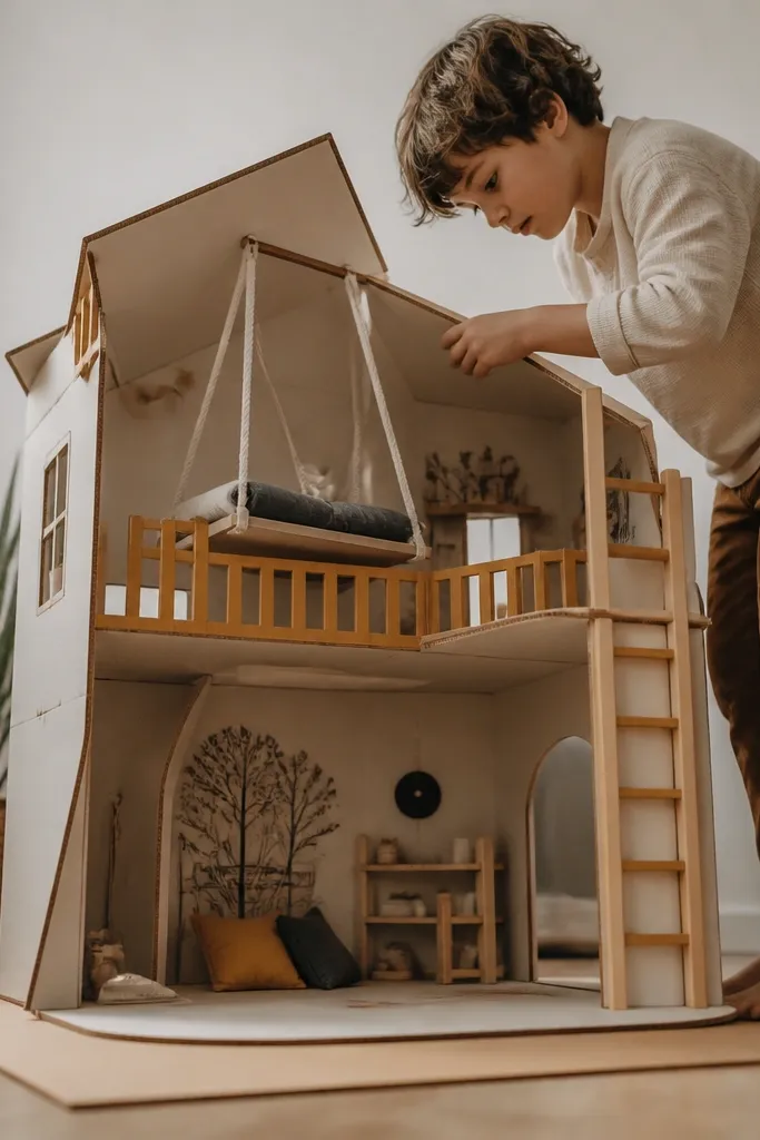 Loft-style paper doll room with ladder slot and hanging swing bed