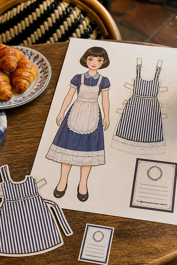 Paper doll in striped outfit with layered aprons and a small menu card
