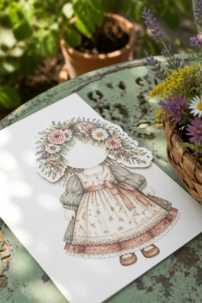 Paper doll with a cottage dress and a removable flower wreath hair piece