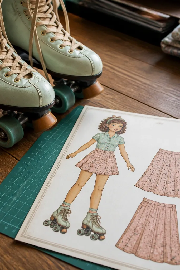 Paper doll in roller skate outfit with two skirt lengths and skates