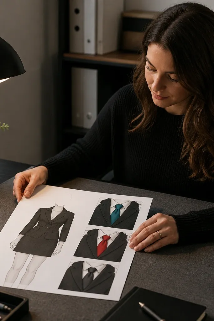 Paper doll in blazer with three different necktie designs laid out
