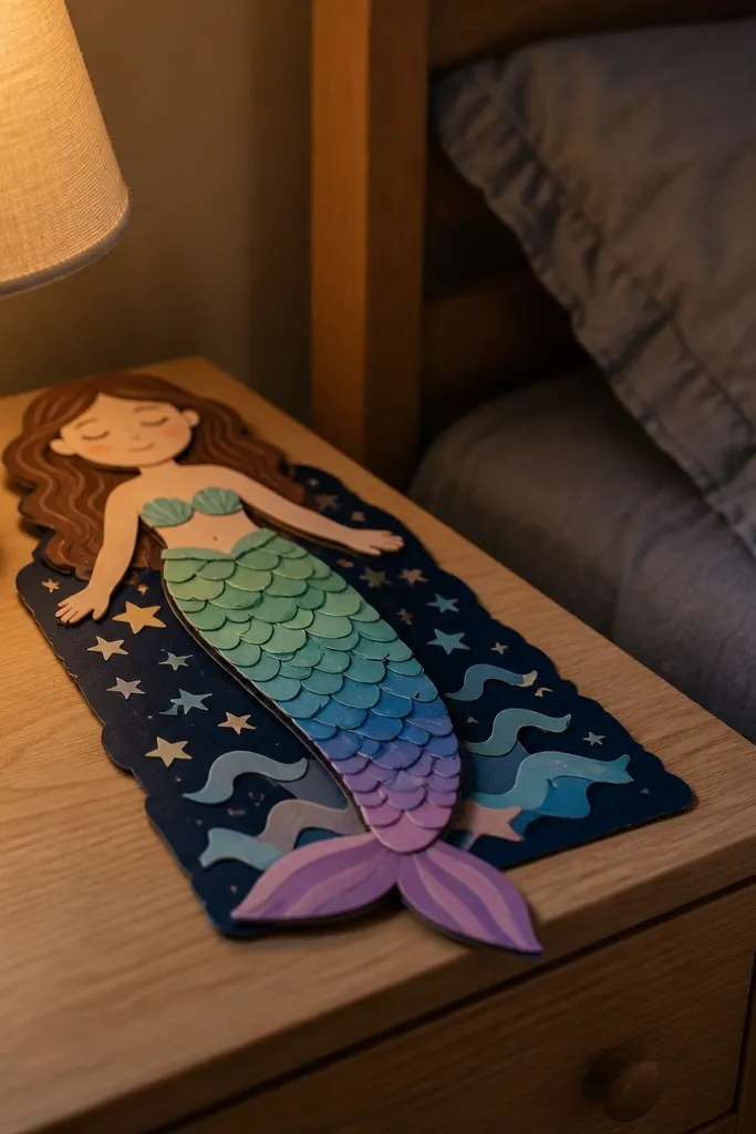 Paper doll with a layered mermaid tail and starry background pieces