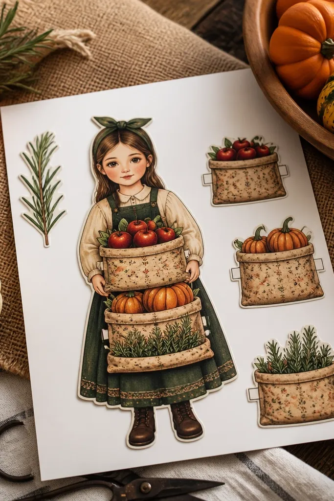 Paper doll holding stacked produce bags with fall colors