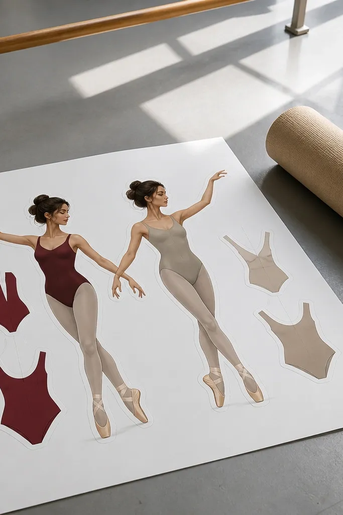 Paper doll in ballet pose with two leotard options and a ribbon