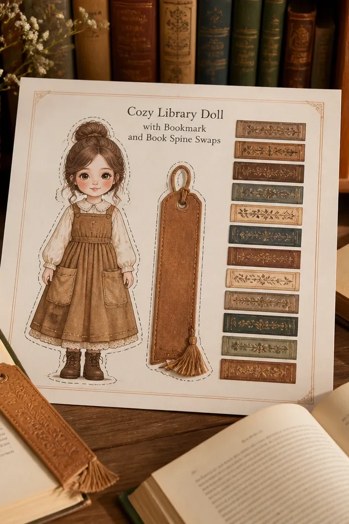 Paper doll with a dress holding a bookmark and swapping book spines