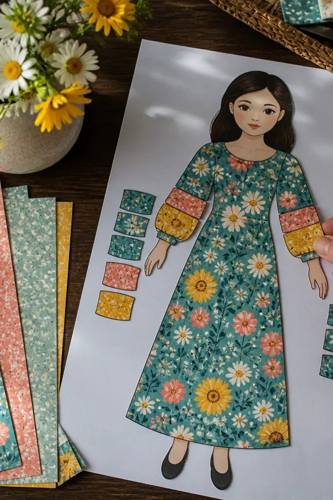 Paper doll with floral sleeves that swap between two patterns