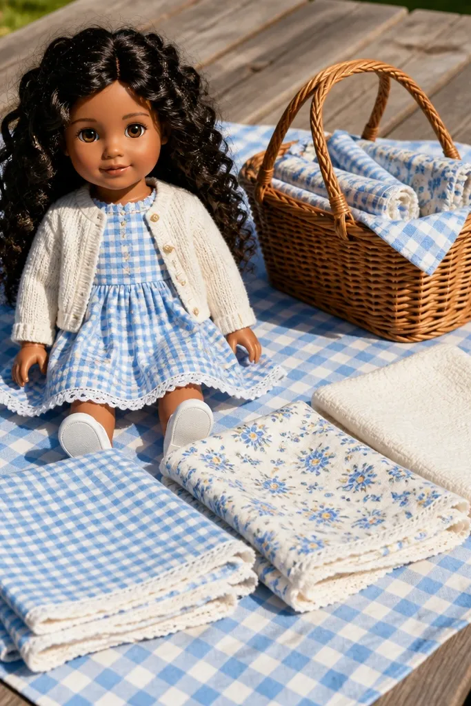 Paper doll at a picnic with a layered blanket and a woven basket piece