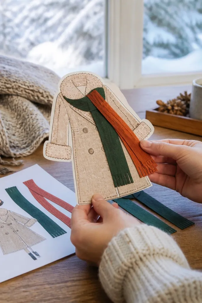 Paper doll in a winter coat with two scarf tail options
