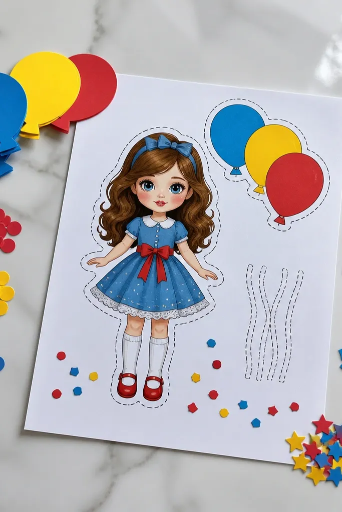 Paper doll in party outfit with balloon strings and confetti layers