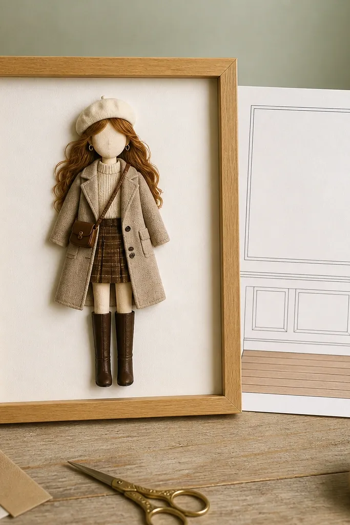 Paper doll posed in front of a gallery-style frame insert background