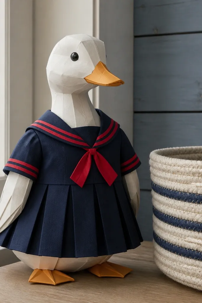 Navy sailor dress with red collar trim