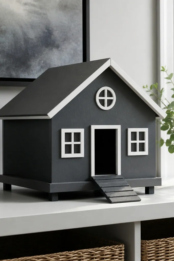 Charcoal and white paper duck house on a stepped shadow-gap base