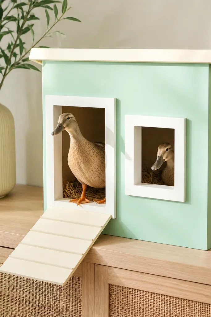 Mint paper duck house with white framed windows and a pale roof