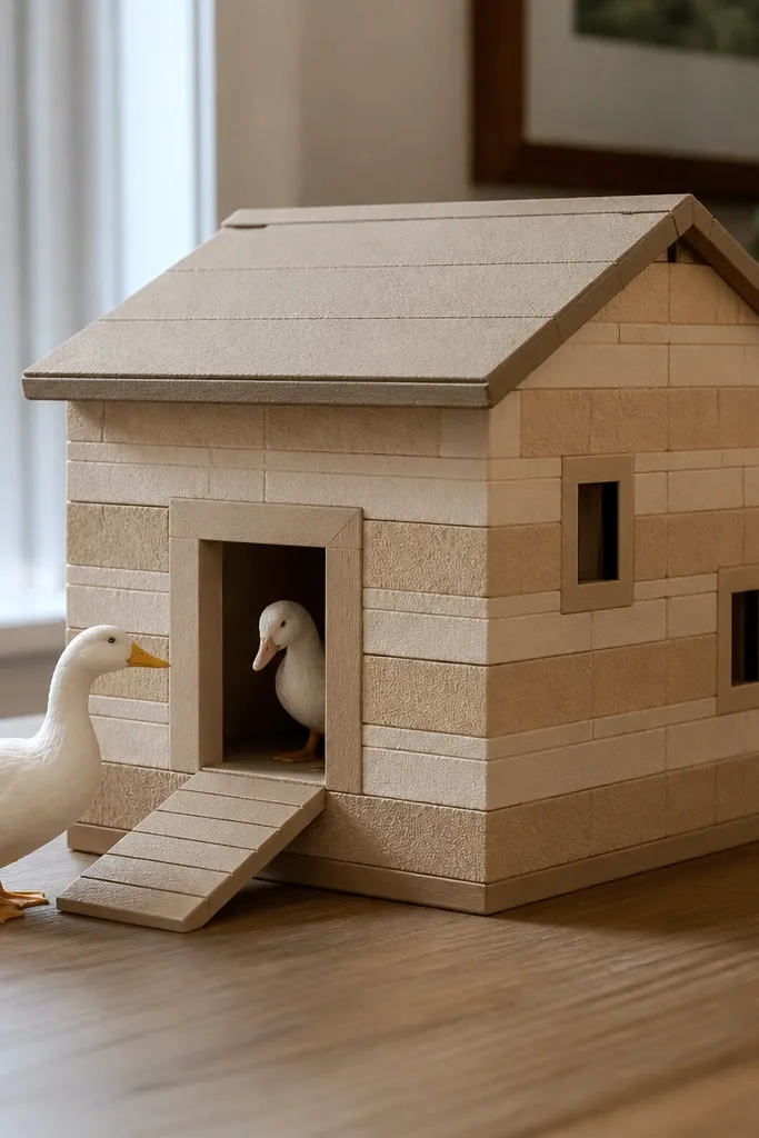Beige paper duck house with layered brick-like horizontal strips and a tan roof