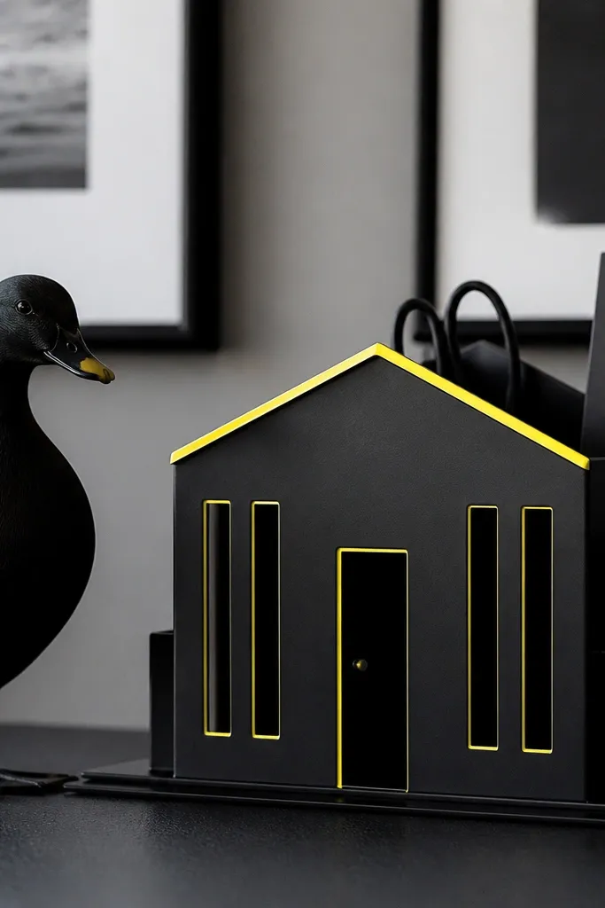 Black and neon yellow paper duck house with minimal accents and a sharp roof