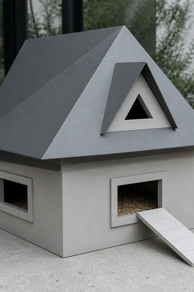 Soft gray paper duck house with geometric roof panels and angled details
