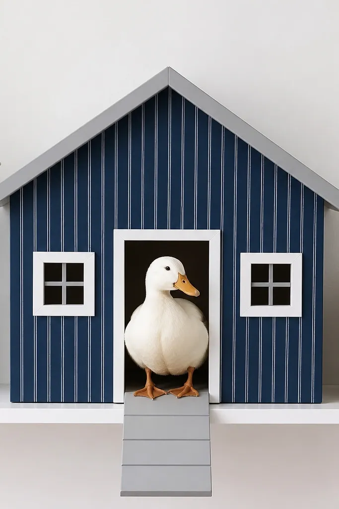 Navy striped paper duck house with a white doorframe and simple roof
