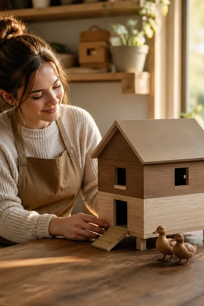 Two-tone wood-look paper duck house with horizontal trim and a warm roof