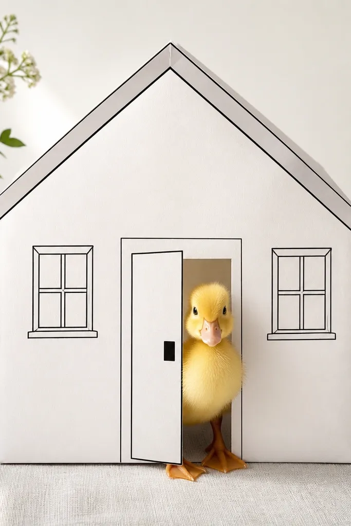 White paper duck house with black outline windows and a black-lined roof edge