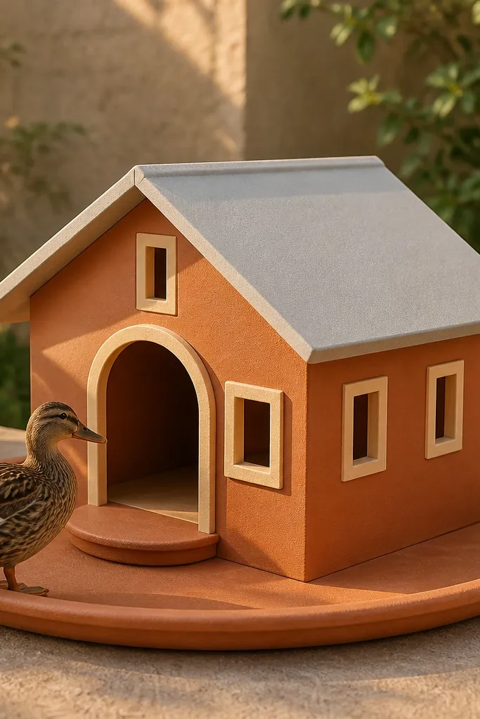 Terracotta and cream paper duck house with a rounded door panel