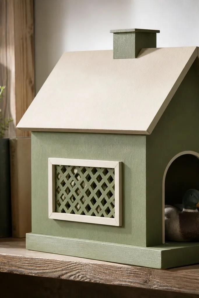 Olive paper duck house with cut-out lattice window panels