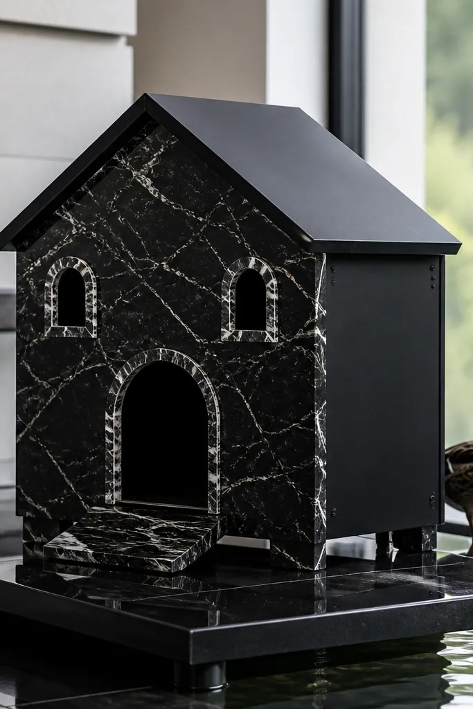 Black marble paper duck house with white vein accents on windows and door