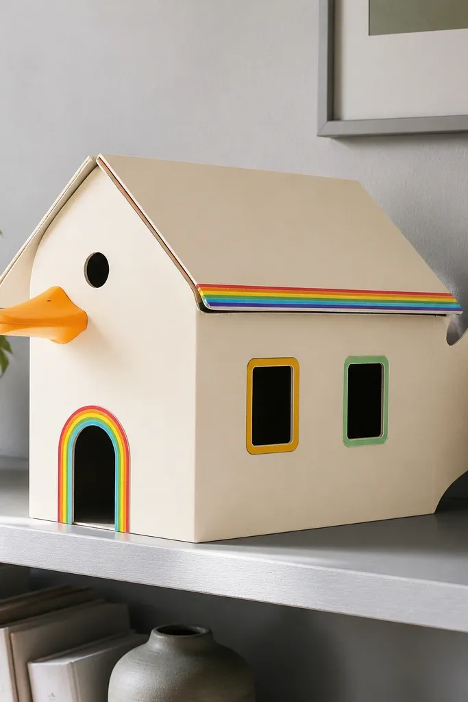 White duck house with rainbow accent stripes on roof trim and door