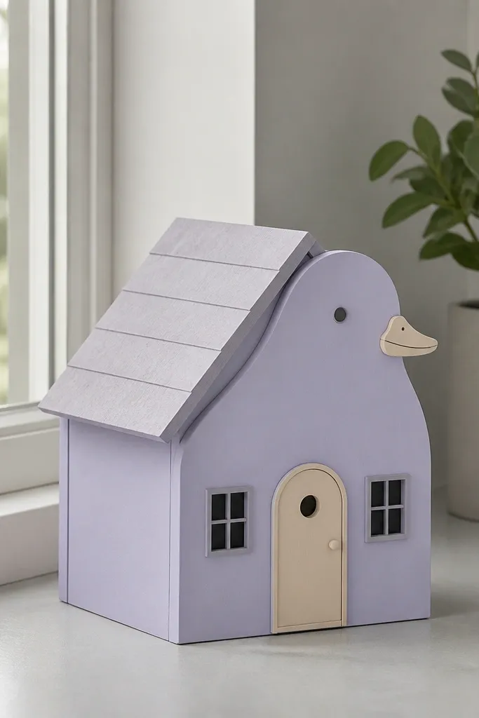 Lavender paper duck house with an off-center door and matte roof