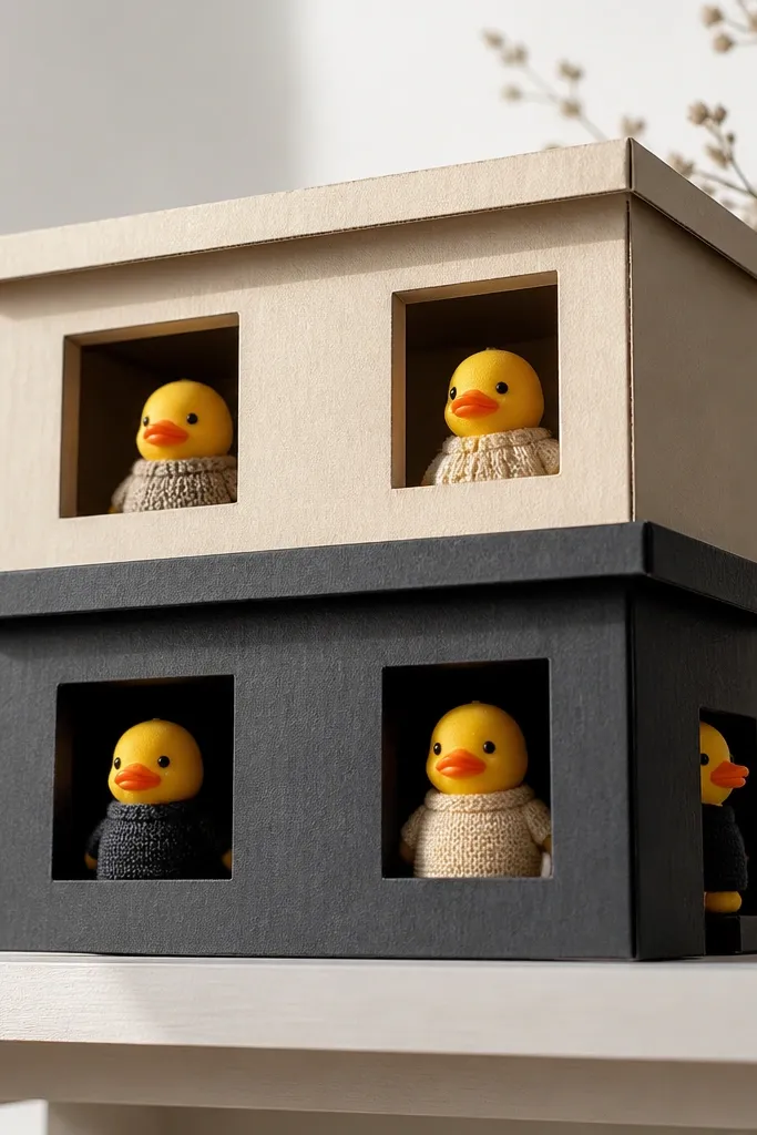 Paper duck house with two stacked levels and simple modern windows