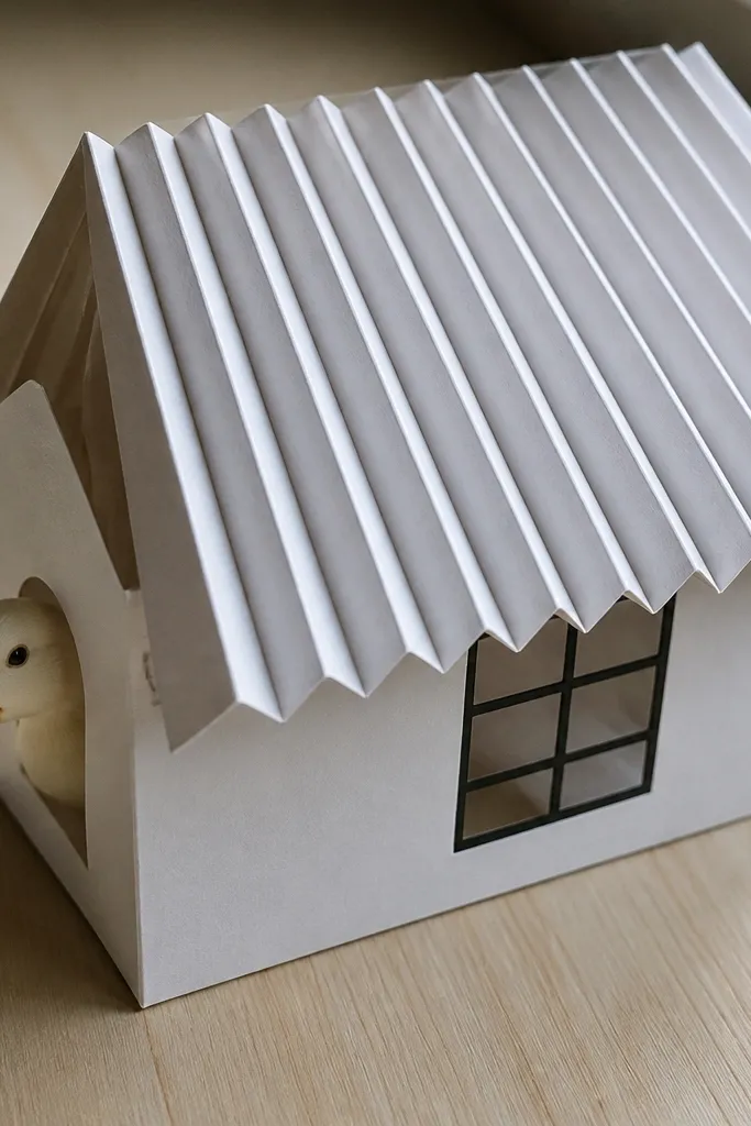 White paper duck house with an accordion-style roof overhang