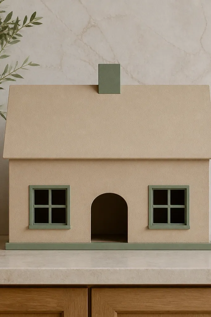Sand and sage paper duck house with a chimney and a small window sill