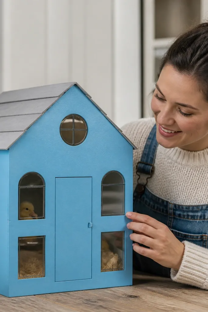 Sky blue paper duck house with clear window panels on the front