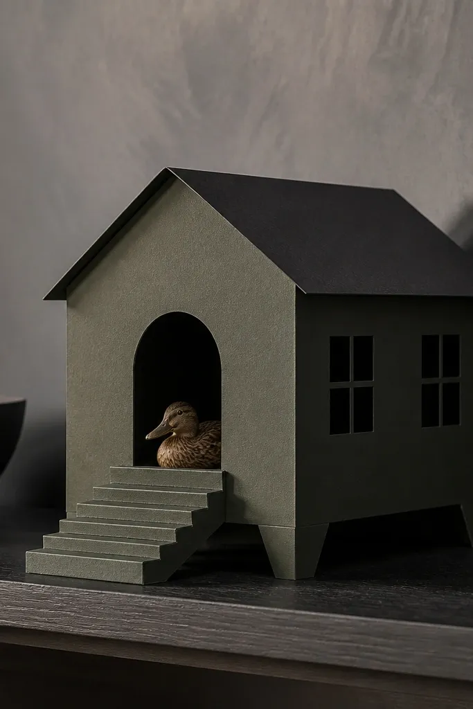 Olive and black paper duck house with raised steps under the door