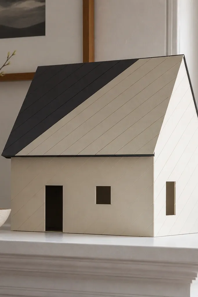 Paper duck house with diagonal roof paneling and two-tone colors