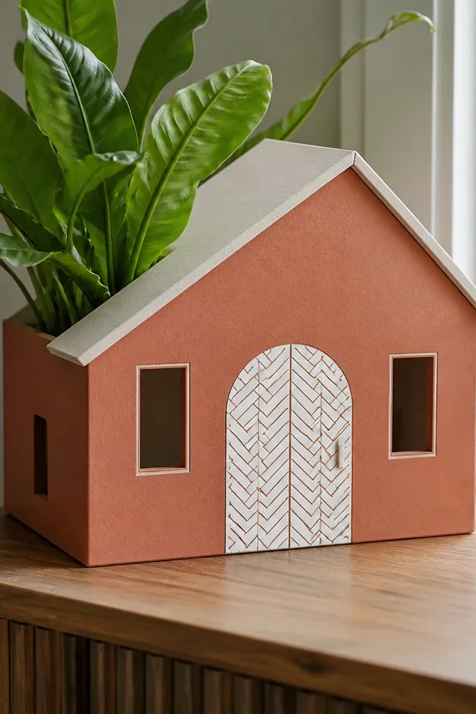 Terracotta paper duck house with white herringbone trim around the door
