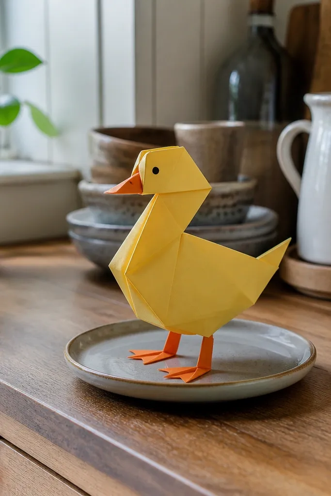 Yellow folded paper duck with orange triangle feet and a small beak