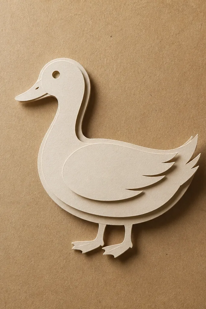Stacked paper duck shapes in cream and brown on kraft card background