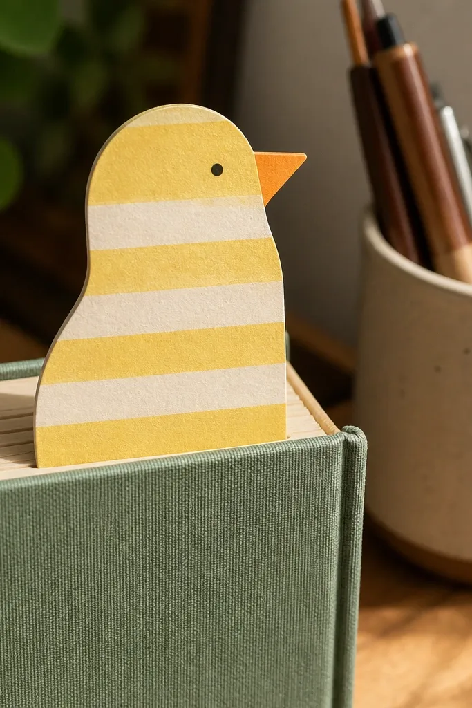 Bookmark shaped duck with yellow body and feather pattern made from washi tape strips