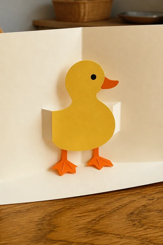 Open greeting card showing a duck that pops up with orange feet