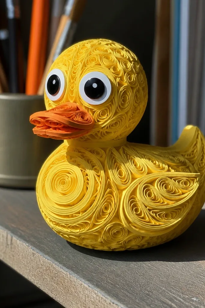 Quilled paper duck with curled paper strips and bold black dot eyes