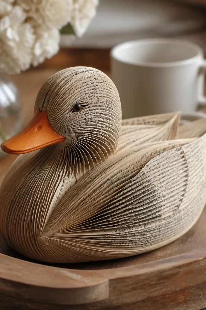 Duck made from folded book pages with a painted orange beak