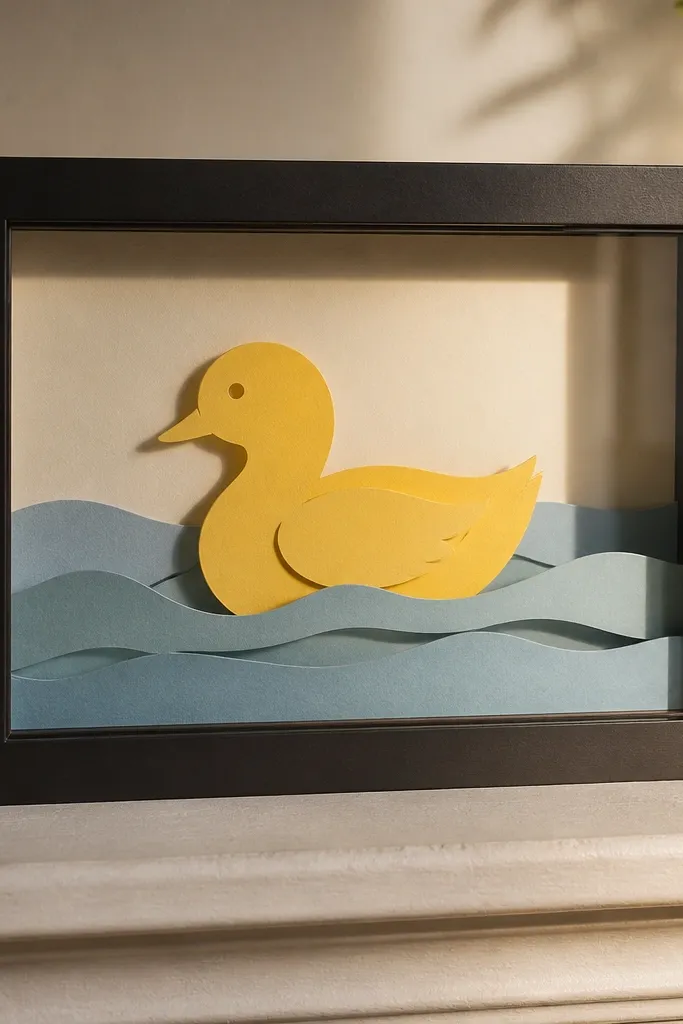 Mini shadow box with layered duck standing in front of paper water lines