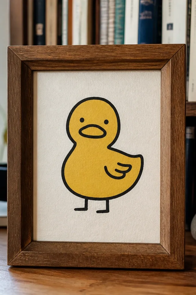 Simple duck outline drawing on paper with orange beak and yellow fill