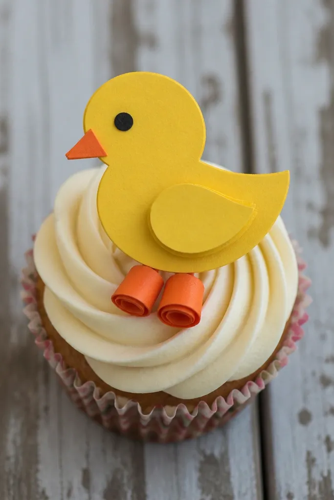 Cupcake topper duck with rolled orange feet and layered body