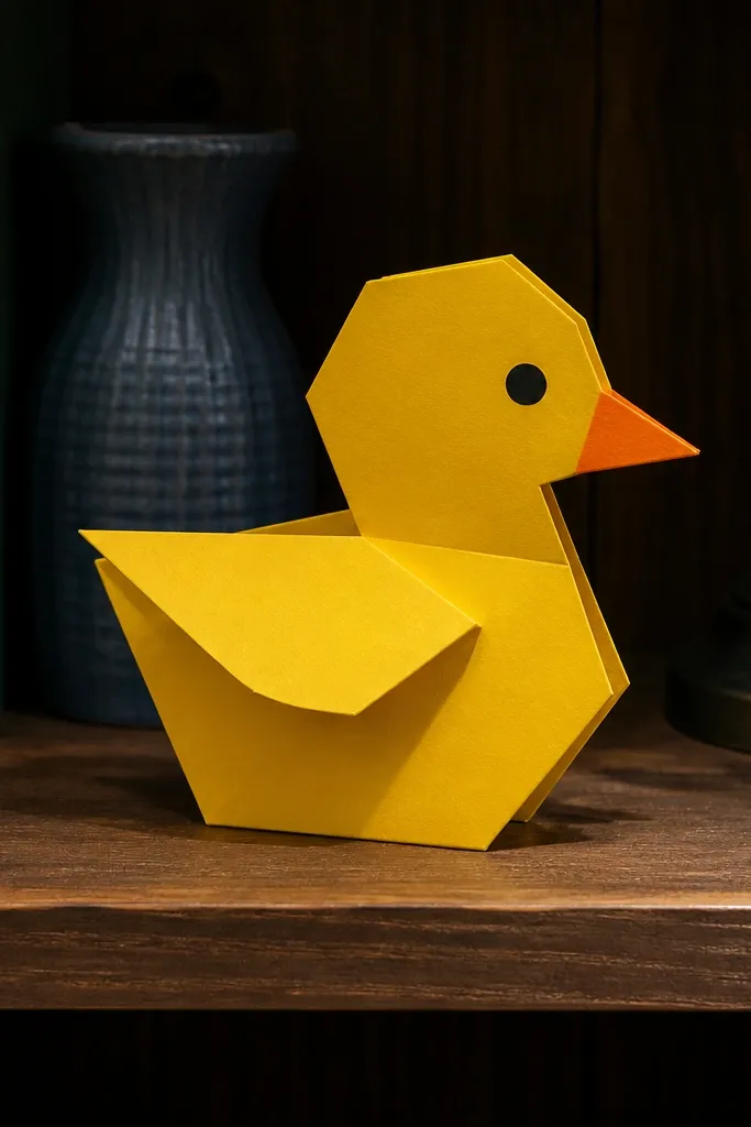 Yellow paper duck with a wing lifted by tabs, orange beak and feet