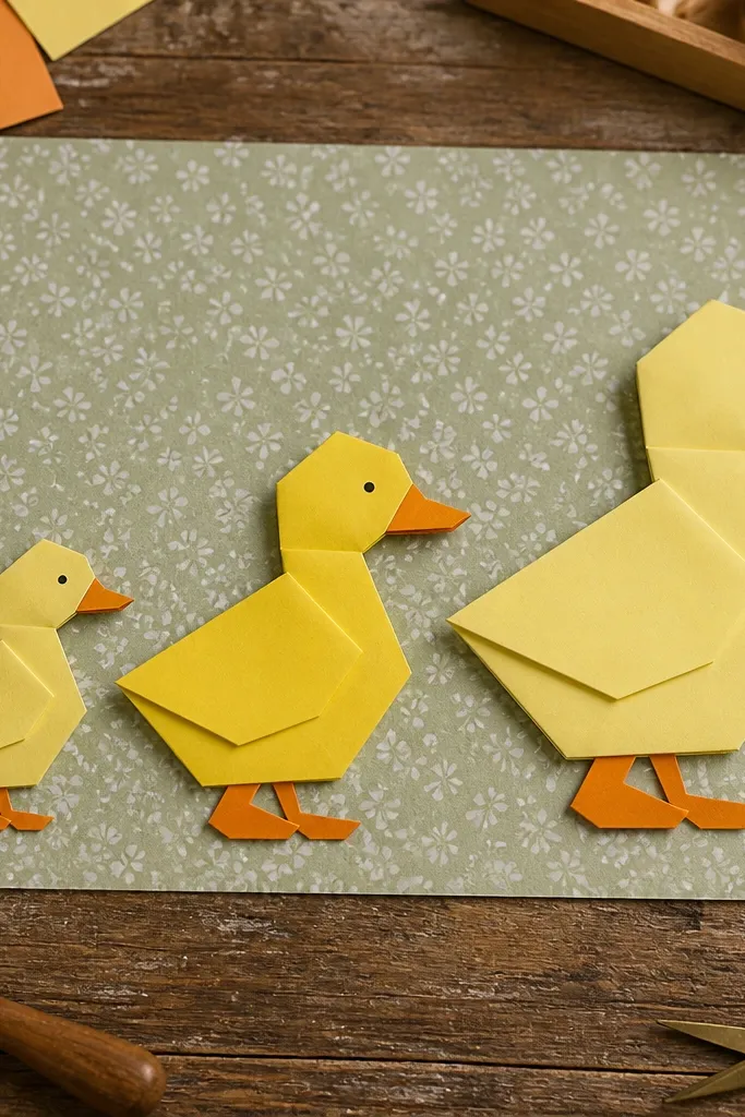 Three small paper ducks in different sizes lined up, yellow and cream palette