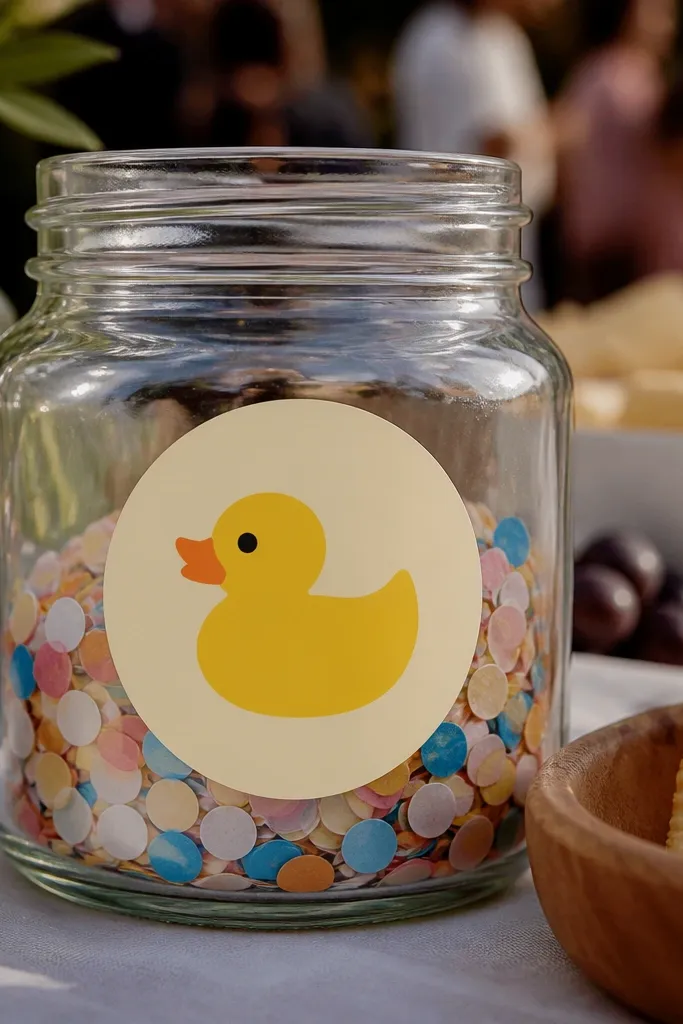 Jar label card with a small paper duck and orange beak