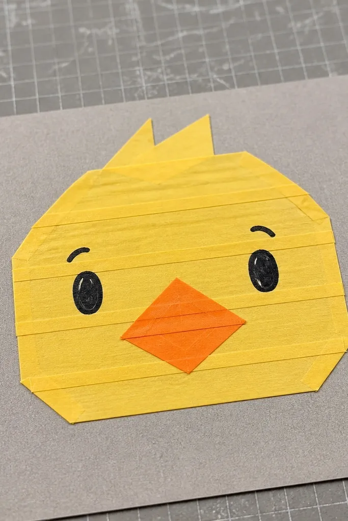 Duck face made with masking tape shapes and yellow paint fill