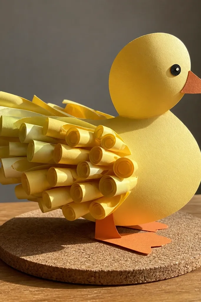 Yellow duck with rolled paper feather tail made from thin strips